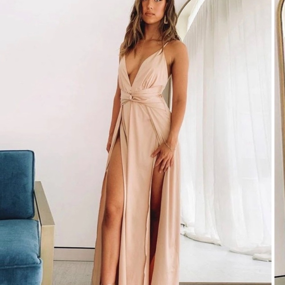 Blush / champagne Plunge Maxi Dress with Twist Front and High Slits